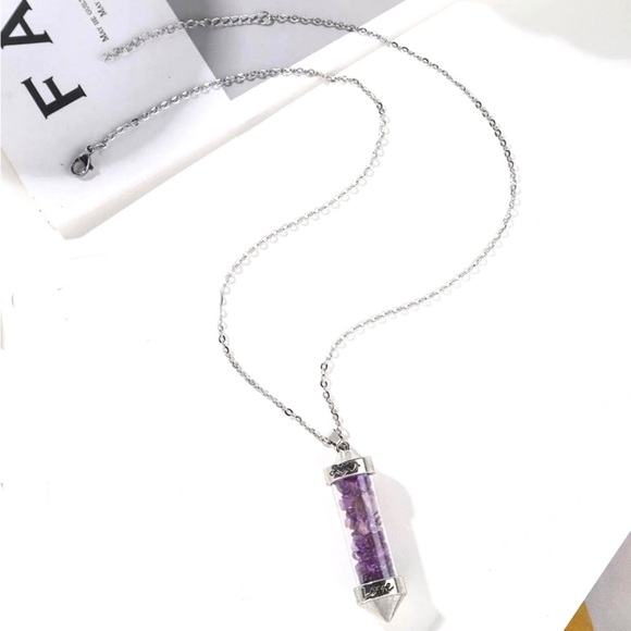 Amethyst Love Vial Tiny Lavender Float Stone Engrave Bottle Chakra Heart Pendant - Picture 9 of 16